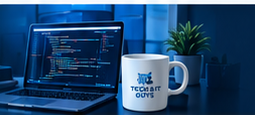 Developer workspace with code on laptop screen and Tech & IT Guys mug