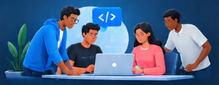 Tech & IT Guys team working collaboratively around a laptop